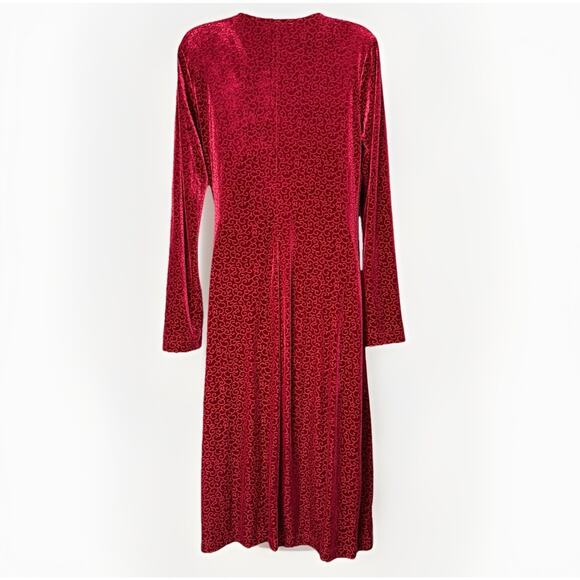 Burgundy Red MD Velvet Burnout Swirl V Neck Sleeved Wrap Dress Holiday Romance - Picture 3 of 6